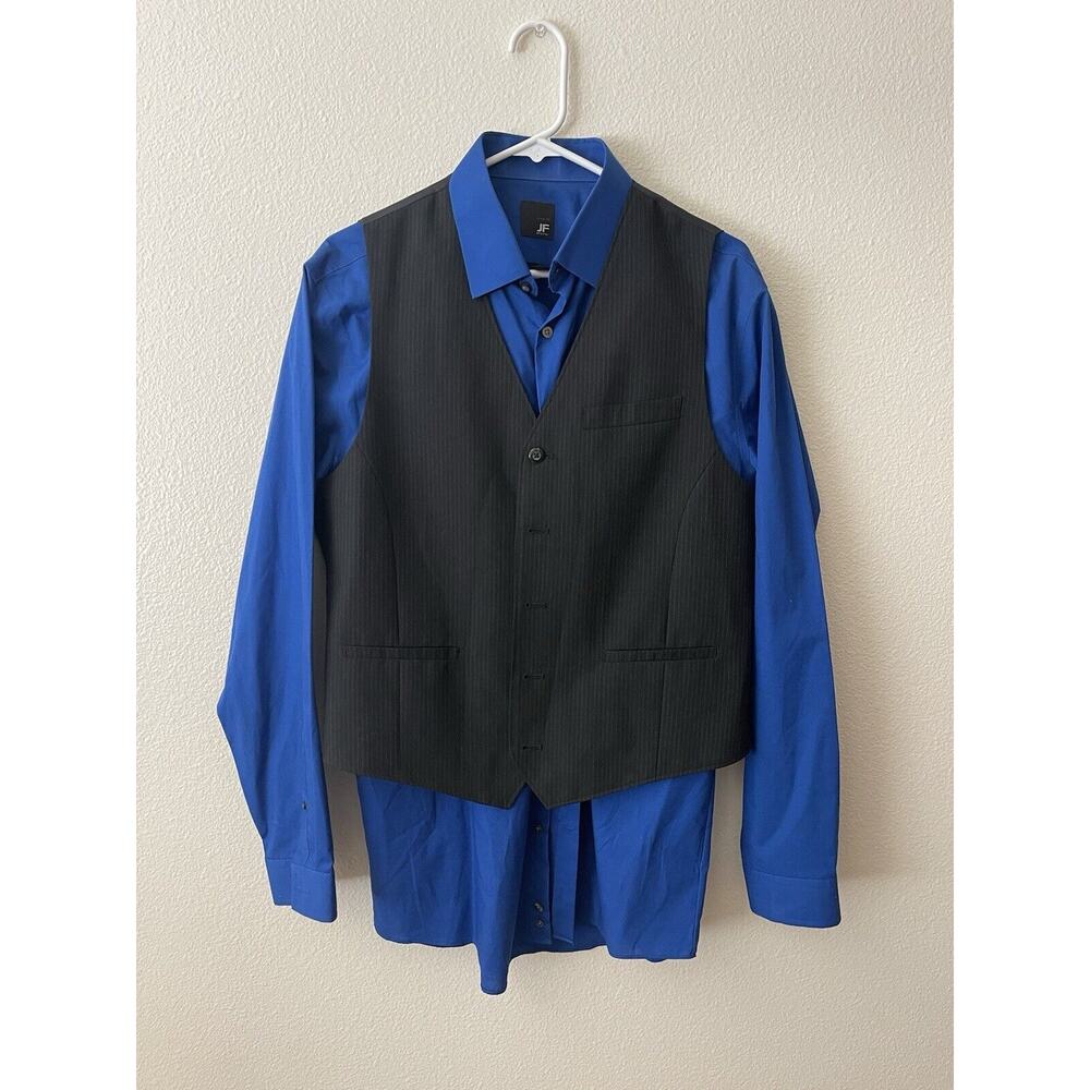 J Ferrar Royal Blue Button Up Shirt (L) And Black Striped Vest (M)